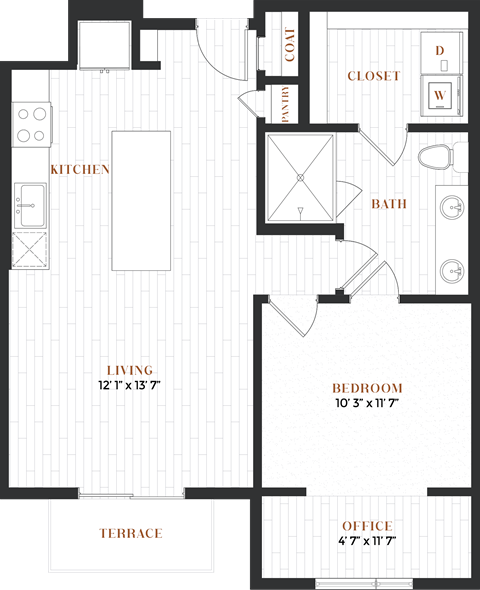 Floor plan for 1 bed, 1 bath, 788 sqft